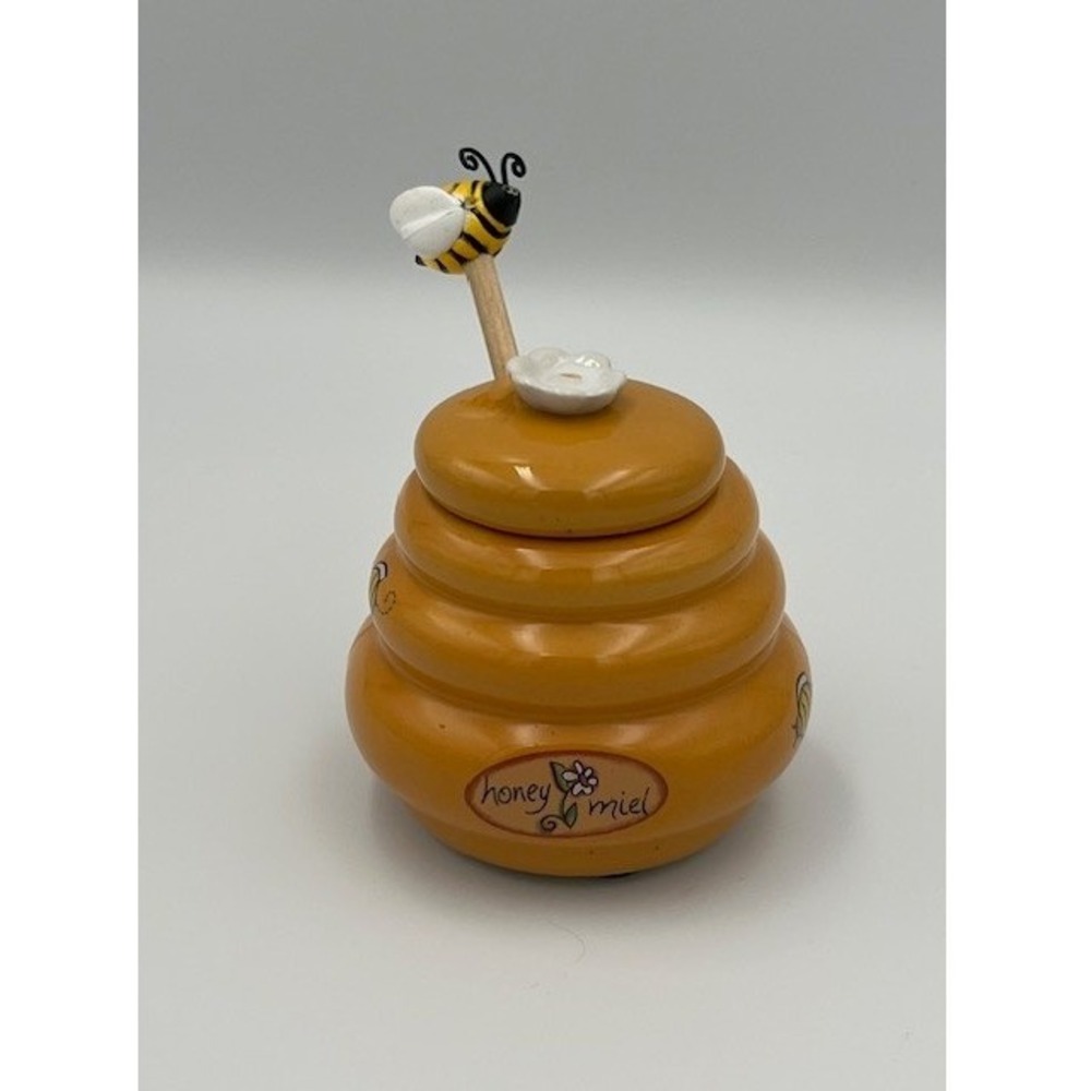 Honey Miel Ceramic Beehive Jar with Lid & Wooden Bumble Bee Dipper